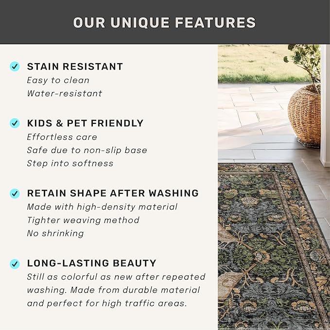 Boho Living Room Rug 5x8 - Dark Green Rugs 5x8 for Bedroom, Dinning Room, Office with Vintage Forest Farmhouse Botanical & Bird Design, Non Slip Stain Resistant Low Pile - Brown