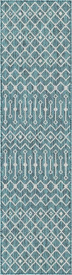 Unique Loom Outdoor Trellis Collection Area Rug - Tribal Trellis (2' x 8' Runner, Teal/ Ivory)
