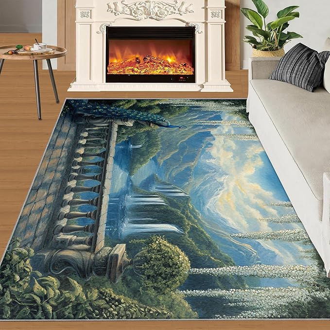 Peacock Rug Large - 5x7 Rug, Peacock Decor Washable Rugs for Living Room, Nature Waterfall Carpet, Natural Landscapes Non-Slip Area Rugs for Bedroom, Aesthetics Carpet - Peafowl Home Decor & Gifts