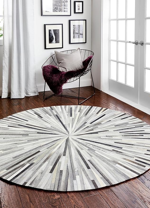 Faux Cowhide Round Area Rug | Non-Slip Leather Floor Carpet for Living Room, Bedroom, and Home Décor | Modern Stylish Accent Rug(Grey_8x8)