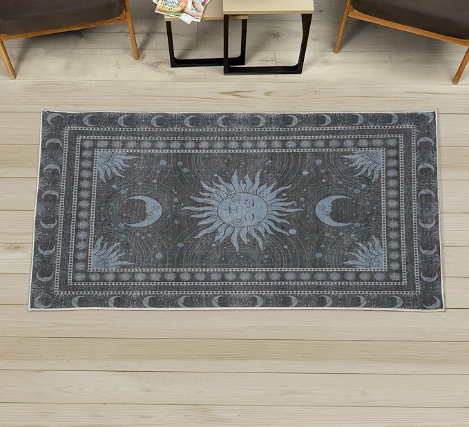 Ambesonne Sun and Moon Decorative Rug, Bohemian Artwork Design of Crescent Solar Ornament Esoteric Stars Ornaments, Quality Carpet for Bedroom Dorm and Living Room, 2' x 5', Pale Blue