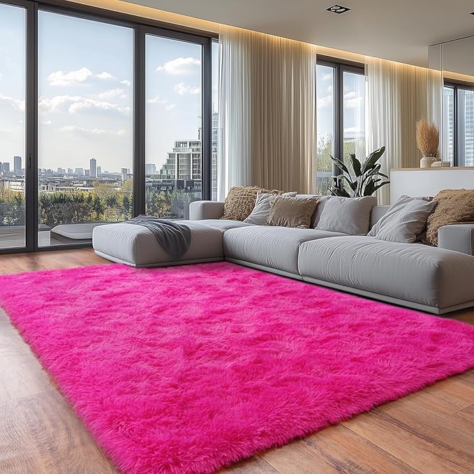 Shaggy Area Rugs, Hot Pink Fuzzy Rugs for Kids Bedroom, Soft Play Nursery Area Rug for Girls, Shag Area Rugs Non Slip, Fluffy Rug Carpet 8x10Ft