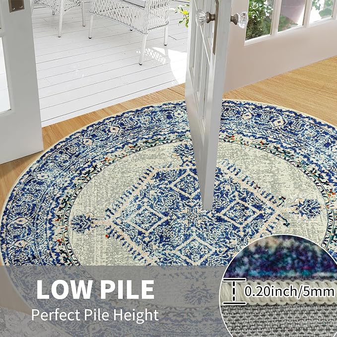 Easy-Going Round Rug 5ft Area Rug Washable Boho Circle Rugs for Living Room Non-Slip Bedroom Rug Low Pile Lightweight Medallion Distressed Throw Rug for Dining Room Kitchen Office, Vintage Blue Cream