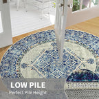 Easy-Going Round Rug 5ft Area Rug Washable Boho Circle Rugs for Living Room Non-Slip Bedroom Rug Low Pile Lightweight Medallion Distressed Throw Rug for Dining Room Kitchen Office, Vintage Blue Cream