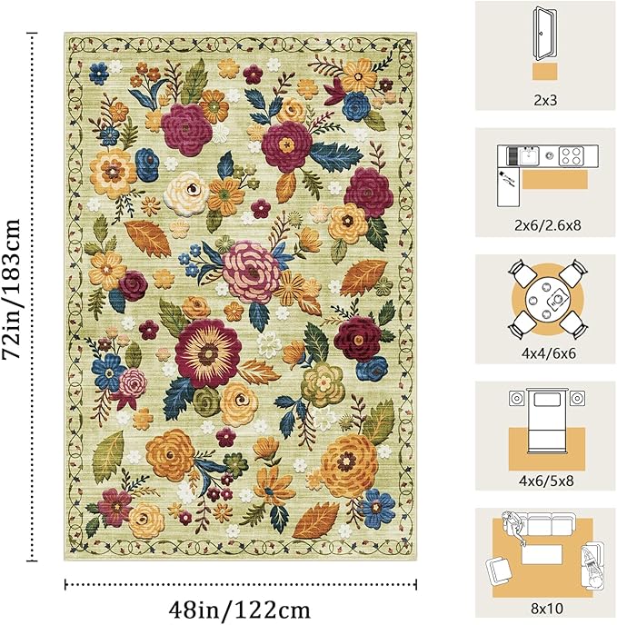 4x6 Machine Washable Area Rug for Living Room, Green Vintage Boho Floral Rug Large Non-Slip Low Pile Soft Faux Wool Carpet, Kids and Pets Friendly for Bedroom Dining Room Farmhouse Home Decor Rug