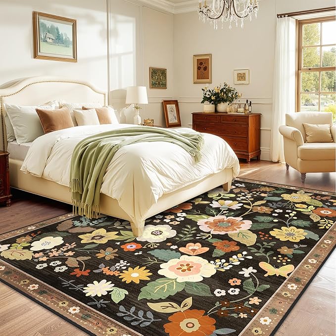 Floral 8x10 Area Rug Machine Washable Soft Print Boho Carpet Non Slip Doormat Low Pile Flower Area Rugs for Living Room Bedroom Nursery Kitchen Dining Room Indoor-Black/Yellow/Red