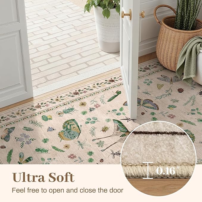 8x10 Area Rugs with Insect Print - Bug Rug Non-Shedding Stain Resistant Soft Carpet for Bedroom, Low Pile Ultra-Thin Machine Washable Carpet for Dining Room, Kids Nursery, Office (8'x10' Beige)