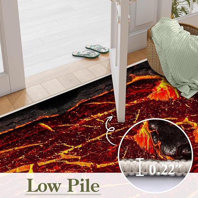 Visual Illusion Lava Area Rug, 4x6ft, 3D Red Flame Volcanic Rock Carpet for Living Room, Fade Resistant Absorbent Floor Mat, No Crease Foldable Soft Low Pile Rugs for Bedside Hallway