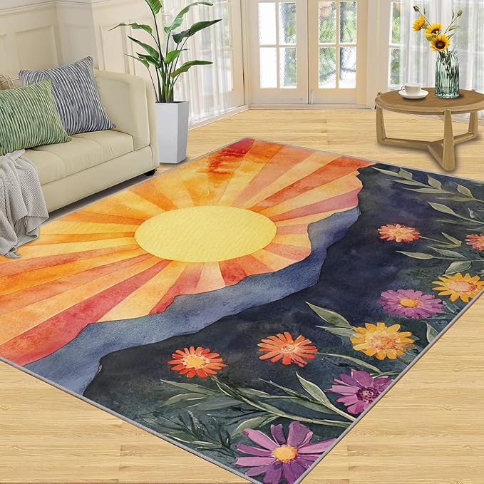 Boho Sun Area Rugs 6x9ft, Radiant Sunburst Fluffie Rugs for Living Room, Geometric Solar Nursery Rug with Under Rug Non Slip Tape for Bedroom Kids Room