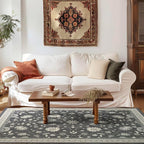 EVERGRACE Area Rugs for Living Room 5x7, Boho Floral Faux Wool Indoor Outdoor Rugs, Washable Rugs for Bedroom Dining Room Entryway Kitchen, Low Pile Floor Mat Carpet for Home Decor, Ebony Black