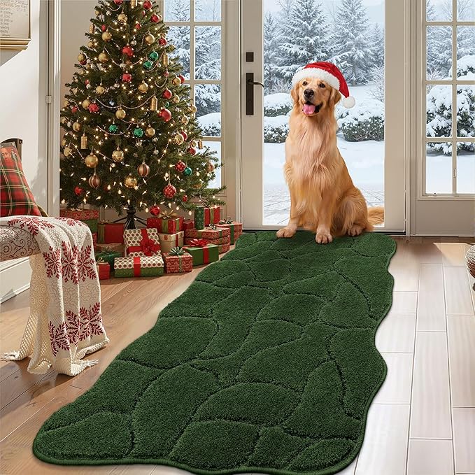Large Dog Door Mat for Muddy Paws, 24x59 Absorbent Dirt Trapper Long Door Mat, Non-Slip Washable Mud Mat for Dogs, Polyester Microfiber Soft Pet Rug for Entryway, Mud Dog Paws, Patio (Forest Green)