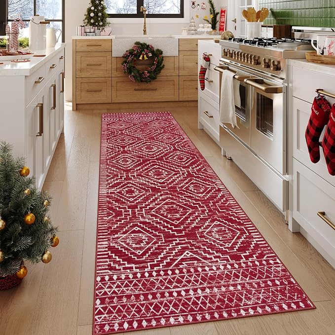 Wonnitar Moroccan Washable 5x7 Rug for Living Room, Soft Chrisrmas Rug for Bedroom, Non-Slip Stain Resistant Geometric Floor Carpet for Dining Table Kitchen Dorm (Red,5'x7')