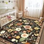 Floral 4x6 Area Rug Machine Washable Soft Print Boho Carpet Non Slip Doormat Low Pile Flower Area Rugs for Living Room Bedroom Nursery Kitchen Dining Room Indoor-Black/Yellow/Red