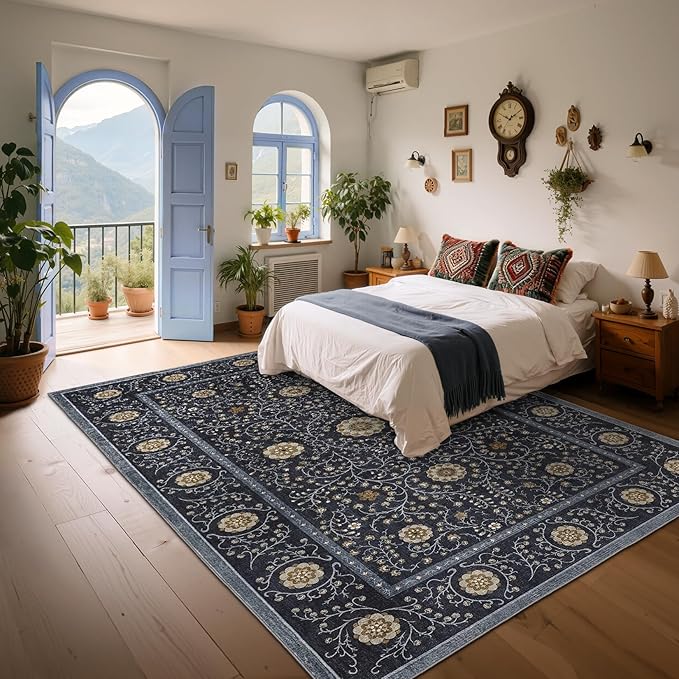 GarveeHome Boho 5x7 Area Rug for Bedroom, Floral Vintage Rugs for Living Room with Soft Low Pile, Non Slip Botanical Washable Rugs 5x7 for Dining Room Blue Carpet for Entryway Dorm Office Playroom