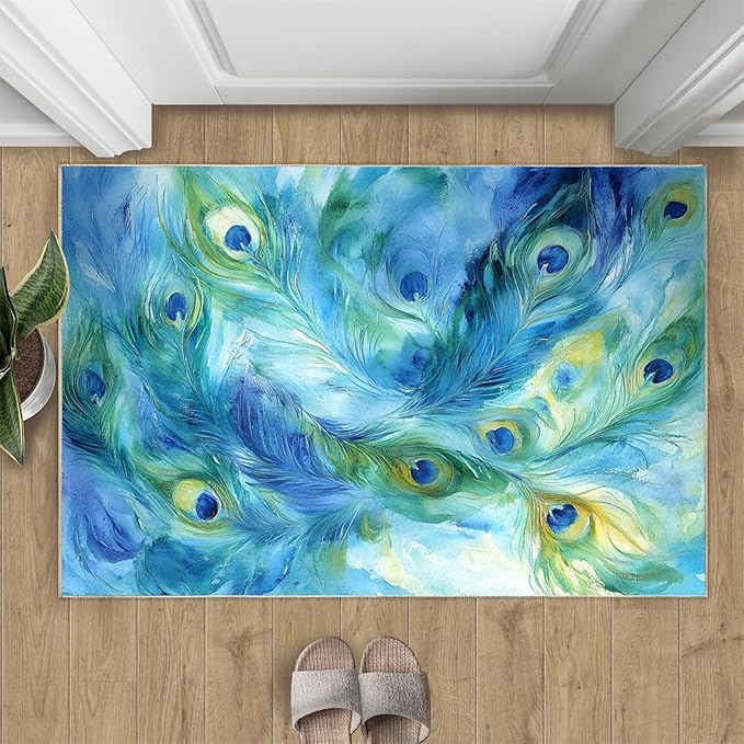 Peacock Feather Rug 2x3-2x3 Rug, Teal Turquoise Area Rugs for Bedroom, Malachite Green Feather Rugs for Living Room, Peafowl Washable Mat, Peacock Feather Carpet - Peafowl Home Decor & Gifts