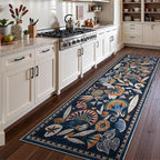 Egypt Floral Kitchen Runner Rugs Non Skid Washable,2x8 Boho Vintage Hallway Bathroom Runner Rug Non Slip,Soft Long Carpet for Laundry Room Entryway Bedroom (Dark Blue,2 x 8)