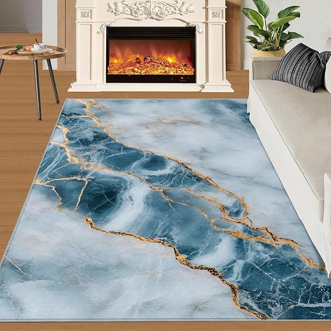 6x9 Abstract Marble Living Room Rug - Blue-White-Marble Bedroom Carpet, Luxury Stone Pattern Classroom Rug for Carpet Boy Bedroom Office Nursery Hardwood Home Decor