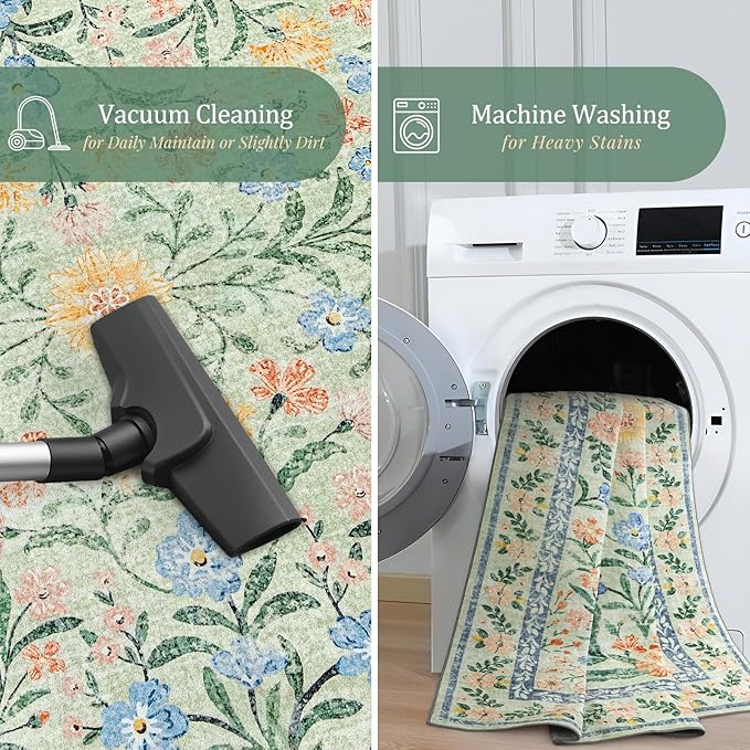 Morebes Boho Light Green Large Area Rugs for Bedroom, Floral Washable Area Rugs 9x12 Living Room Non Slip, Soft Thin Distressed Carpet for Nursery Girls Home Dinning Room Kids Playroom