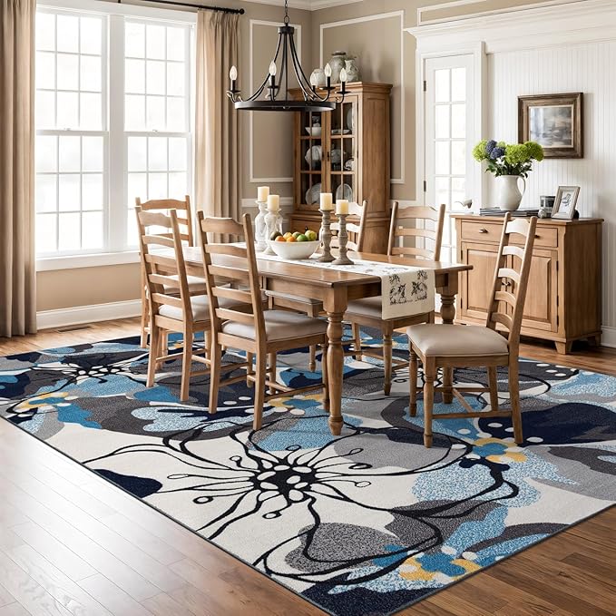Modern Large Floral Non-Slip (Non-Skid) Area Rug 8 x 10 (7' 10" x 10') Gray-Blue