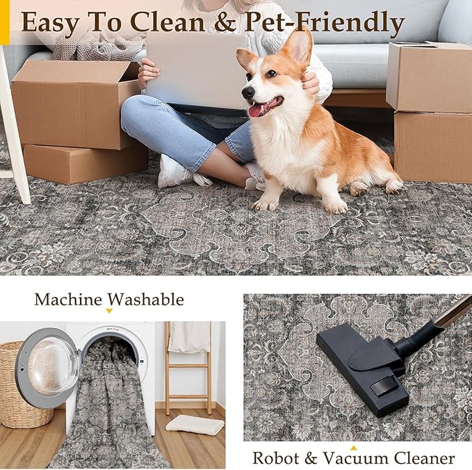 5x7 Washable Vintage Area Rug Black Grey Living Room Bedroom Carpet Non-Slip Soft Low Pile Distressed Indoor Throw Rug for Dining Room Entryway Office