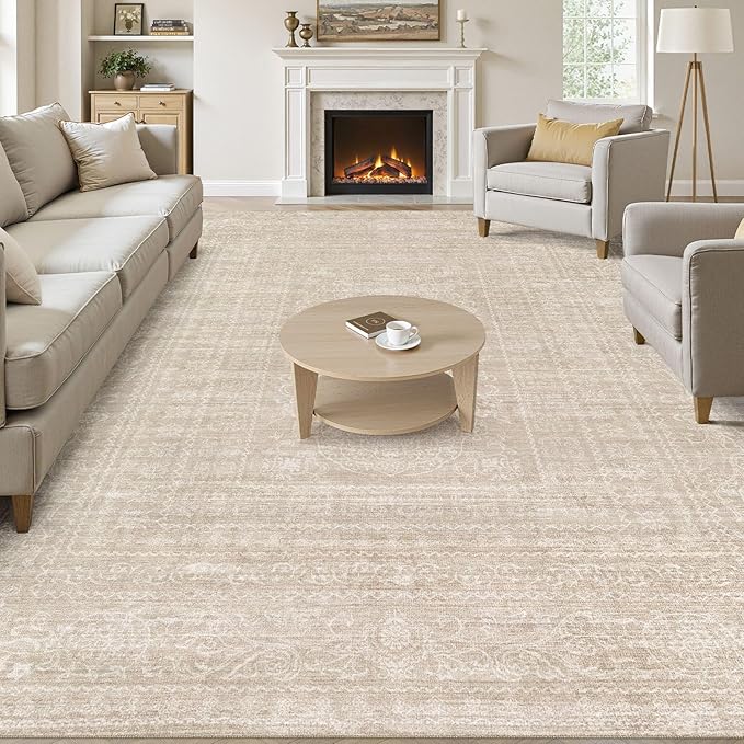 8x10 Area Rugs Living Room: Washable Large Vintage Beige Rug Neutral Non-Slip Soft Stain Resistant Indoor Carpet for Bedroom Nursery Dining Room Under Table Bed Home House Office Playroom