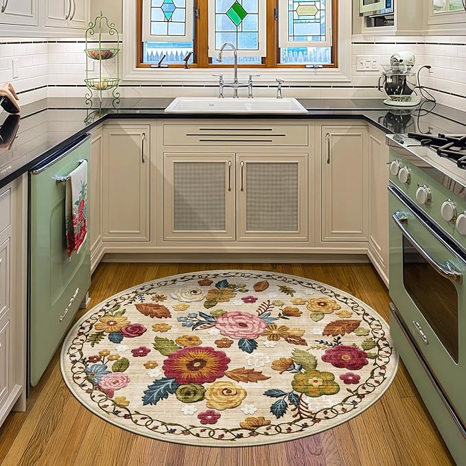 4ft Round Machine Washable Area Rug for Living Room, Beige Vintage Boho Floral Rug Large Non-Slip Low Pile Soft Faux Wool Carpet, Kids and Pets Friendly for Bedroom Nursery Farmhouse Home Decor Rug