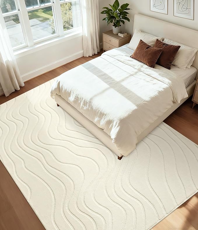 YIHOUSE 8x10 Abstract Line Area Rug, Modern Washable Stain Resistant Rugs Non Slip, Soft Indoor Large Floor Carpet for Living Room, Bedroom,Dining Room, White