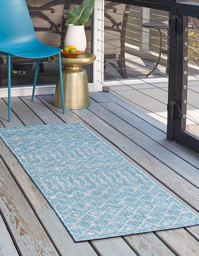 Unique Loom Outdoor Trellis Collection Area Rug - Tribal Trellis (2' x 8' Runner, Aqua/ Ivory)