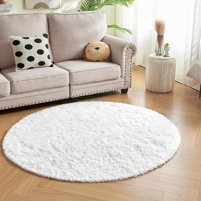 Andency White Round Area Rug for Bedroom, Soft Shag Circle Rug 4x4 for Room, Fluffy Faux Fur Carpet for Home Decor, Circular Fuzzy Plush Rug for Living Room Playroom