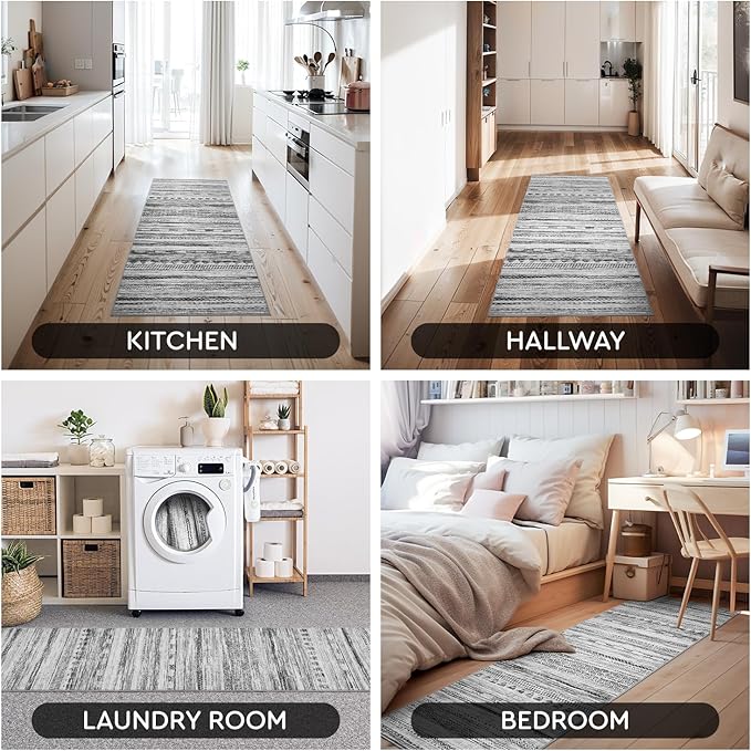 2x10 Runner Rug Machine Washable Non Slip Area Rug Distressed Neutral Moroccan Boho Rug Ultra Soft Floor Runners for Hallways for Entryway Laundry Room Kitchen, Black