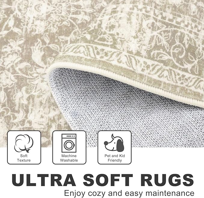 KILOCOCO Hallway Runner 2x8 Rug Runner Printed Vintage Floral Washable Kitchen Runners Non-Slip Rubber Backed Runners for Hallways Laundry Room Distressed Boho Rugs for Entryway Bedroom, Beige