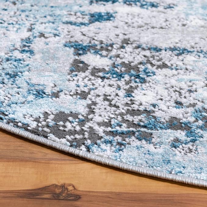 Rugs.com Leipzig Collection Round Rug – 3 Ft Round Blue Low-Pile Rug Perfect for Kitchens, Dining Rooms