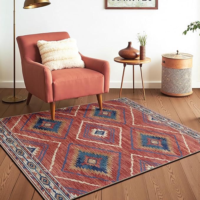 Area Rug 2x4 Rug Machine Washable Non-Slip Low Pile Print Pattern Western Rug for Living Room Bedroom Entryway Tribal Series-Red/Orange