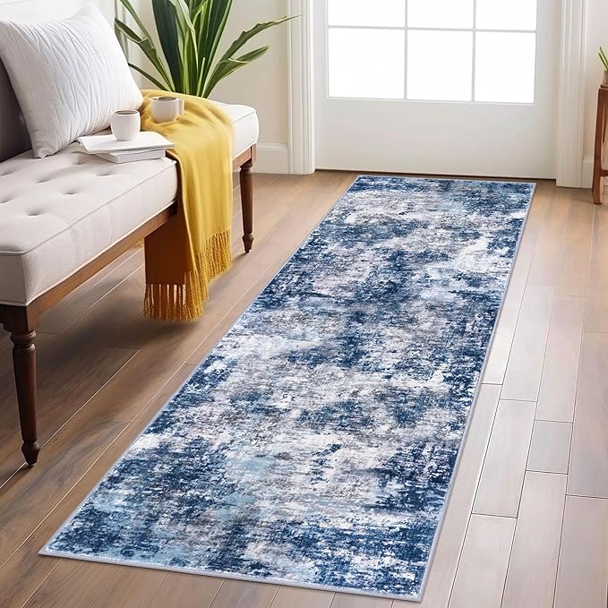 Modern Abstract Runner Rug 2x6, Grey Navy Blue Colorful Washable Kitchen Runner Non-Slip Soft Hallway Rug Runner Thin Print Faux Wool Carpet for Entryway Bedroom Laundry Room Indoor Home Decor