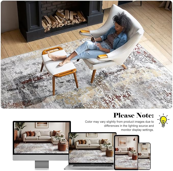 Washable Abstract Rug, 8x10 Modern Area Rugs with Non-Slip Rubber Backed for Living Room, Thin but Soft Contemporary Carpet Kitchen Bedroom Dining Room Decor, Rusty Brown