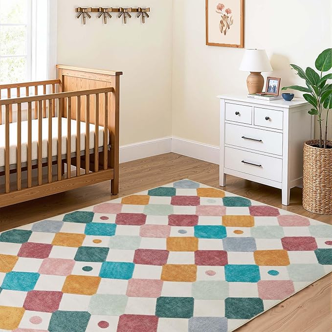 jinchan Macy Area Rug 5x7 Kids Washable Indoor Floor Cover Non-Slip Modern Soft Rug Elementary School Classroom Colorful Diamond Carpet for Nursery Playroom Daycare Living Room Confetti on Cream