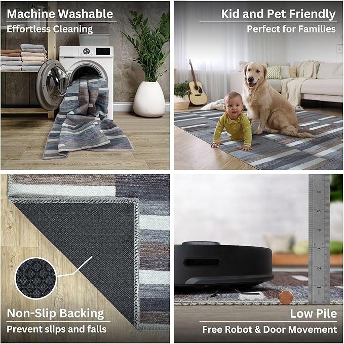 Bloom Rugs Washable Non-Slip 8' x 10' Rug - Blue/Brown Striped Area Rug for Living Room, Bedroom, Dining Room, and Kitchen - Exact Size: 8' x 10'