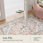 Lahome Boho Washable Living Room Area Rug - 3x5 Small Pink Rugs for Bedroom Non-Slip Throw Nursery Kids Room Rug, Vintagel Print Carpet Rug for Kitchen Office Bathroom Laundry Room (Pink, 3'x5')
