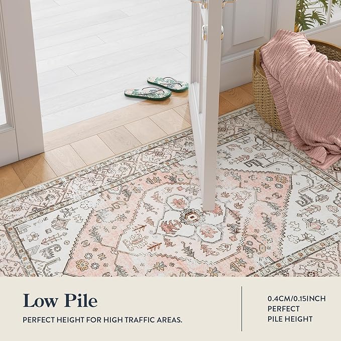 Lahome Boho Washable Living Room Area Rug - 3x5 Small Pink Rugs for Bedroom Non-Slip Throw Nursery Kids Room Rug, Vintagel Print Carpet Rug for Kitchen Office Bathroom Laundry Room (Pink, 3'x5')