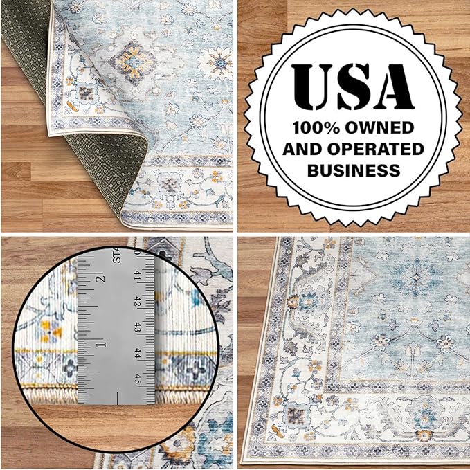 ReaLife Rugs Machine Washable Area Rug Runner - Living Room Bedroom Bathroom Kitchen Entryway Office - Padded Low Pile Stain Resistant Premium - Boho Farmhouse Vintage - BEV - Blue Ivory 3' x 5'