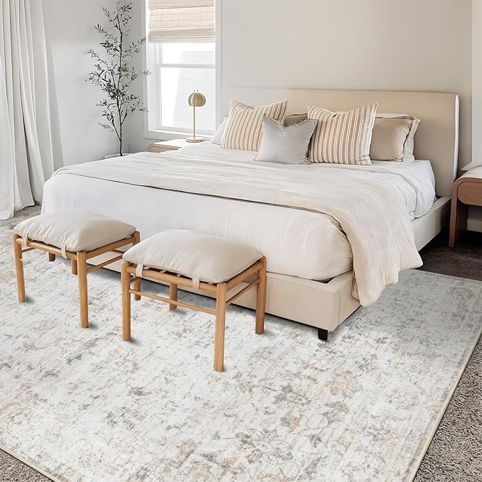 Washable 5×7 Area Rug for Living Room, Vintage Floral Rug Soft Non Slip Stain Resistant Boho Carpet for Bedroom Dinning Room Home Office Beige