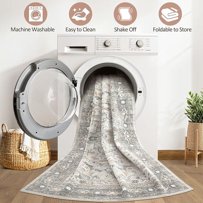 9x12 Area Rug Living Room: Washable Boho Large Neutral Vintage Soft Rugs Stain Resistant Distressed Farmhouse Non-Slip Indoor Floor Carpet for Bedroom Nursery Kids Office Dining Room- Taupe