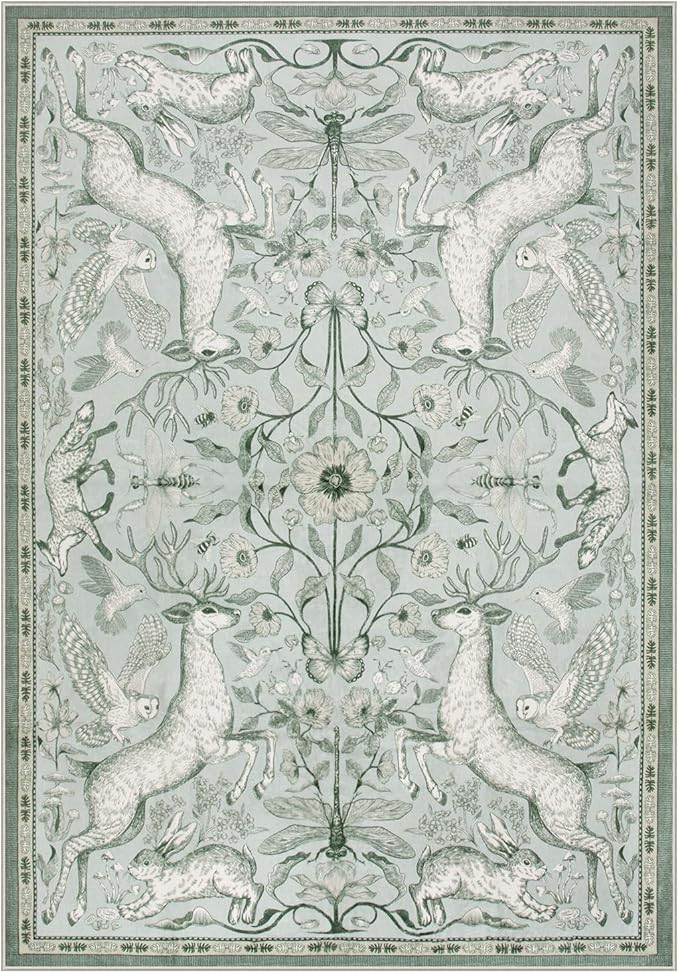 Lahome Boho Animal 6x9 Washable Living Room Area Rugs, Green Soft Rugs for Bedroom, Botanical Large Boho Non Slip Dining Room Carpet for Under Table Office Kids Playroom (6x9ft,Light Green)