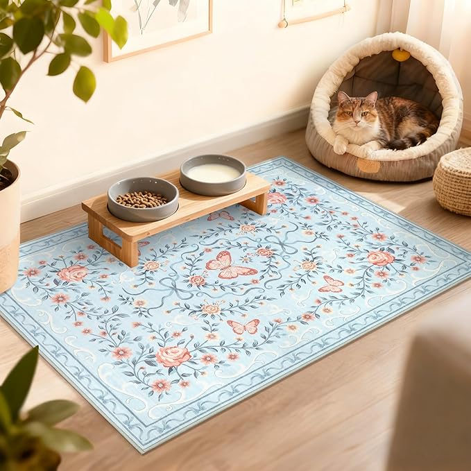 GarveeHome 2x3 Floral Area Rug Non Slip Entryway Mat Low Pile Stain Resistant Butterfly Kitchen Rugs Soft Small Throw Carpet for Dining Room Bedroom Washable Bow Rugs for Living Room Bathroom, 2x3