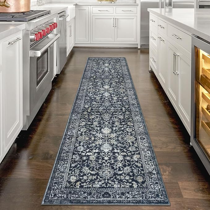 KILOCOCO Hallway Runner 2x8 Rug Runner Printed Vintage Floral Washable Kitchen Runners Non-slip Rubber Backed Runners for Hallways Laundry Room Distressed Boho Rugs for Entryway Bedroom, Navy/Charcoal