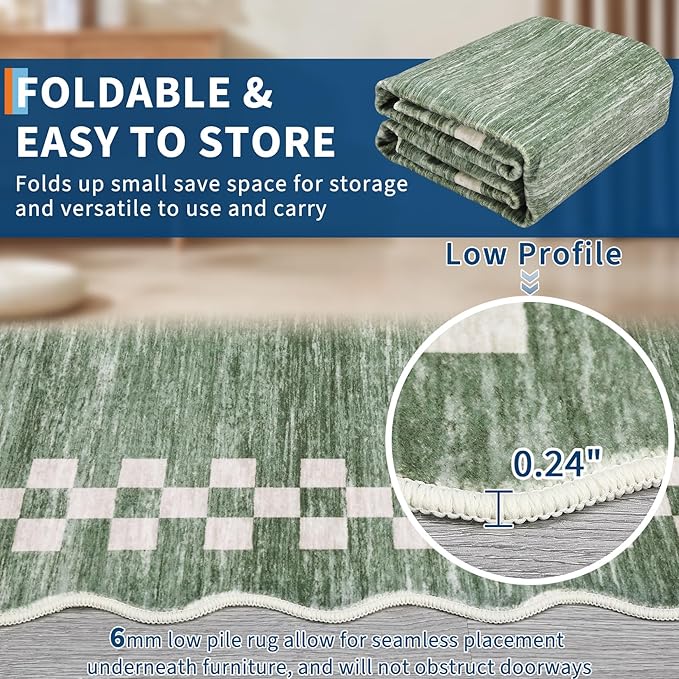GarveeHome Area Rug 6x9 Large Living Room Modern Border Throw Rug with Rubber Backing Stain Resistant Dining Room Throw Carpet Washable Scalloped Rug for Bedroom Home Decor Office, Green
