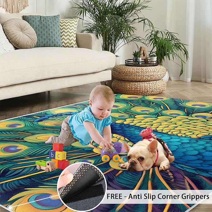 Peacock Rug 6x9-6x9 Rug, Wonderful Peacock Area Rugs for Bedroom, Teal Turquoise Rugs for Living Room, Modern Style Washable Mat, Malachite Green Feather Carpet - Peafowl Home Decor & Gifts