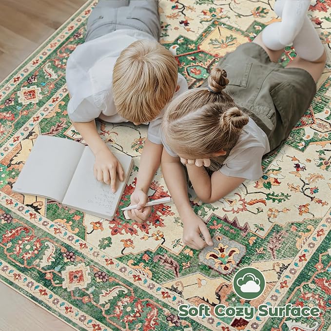 Area Rug 5x7 Washable Rug, Vintage Boho Medallion Rugs Non-Slip Soft Low Pile Large Distressed Rug Indoor Retro Carpet for Living Room Bedroom Dining Room Home Office (Green Beige, 5'x7')