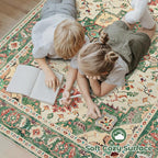 Area Rug 9x12 Washable Rug, Vintage Boho Medallion Rugs Non-Slip Soft Low Pile Large Distressed Rug Indoor Retro Carpet for Living Room Bedroom Dining Room Home Office (Green Beige, 9'x12')