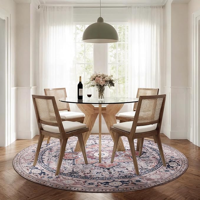 PURRUGS Vintage Farmhouse Boho Area Rug 6x6 ft, Non-Slip Machine Washable Round Rug, Accent Oriental Rug for Dining Room, Living Room, Bedroom, Entryway and Kitchen, Coral Red/Marine Blue
